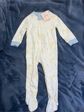 Baby Footed One-Piece with Yellow Duck Print and Light Blue Trim